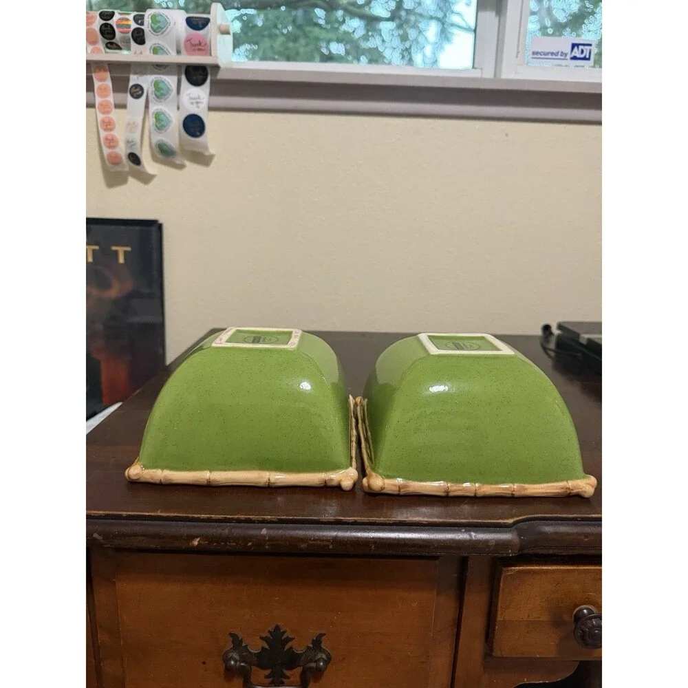 Ipanema Ceramic Bowls Green With Bamboo Trim Set Of 2